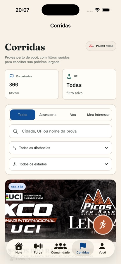 Tela de corridas com provas perto de você
