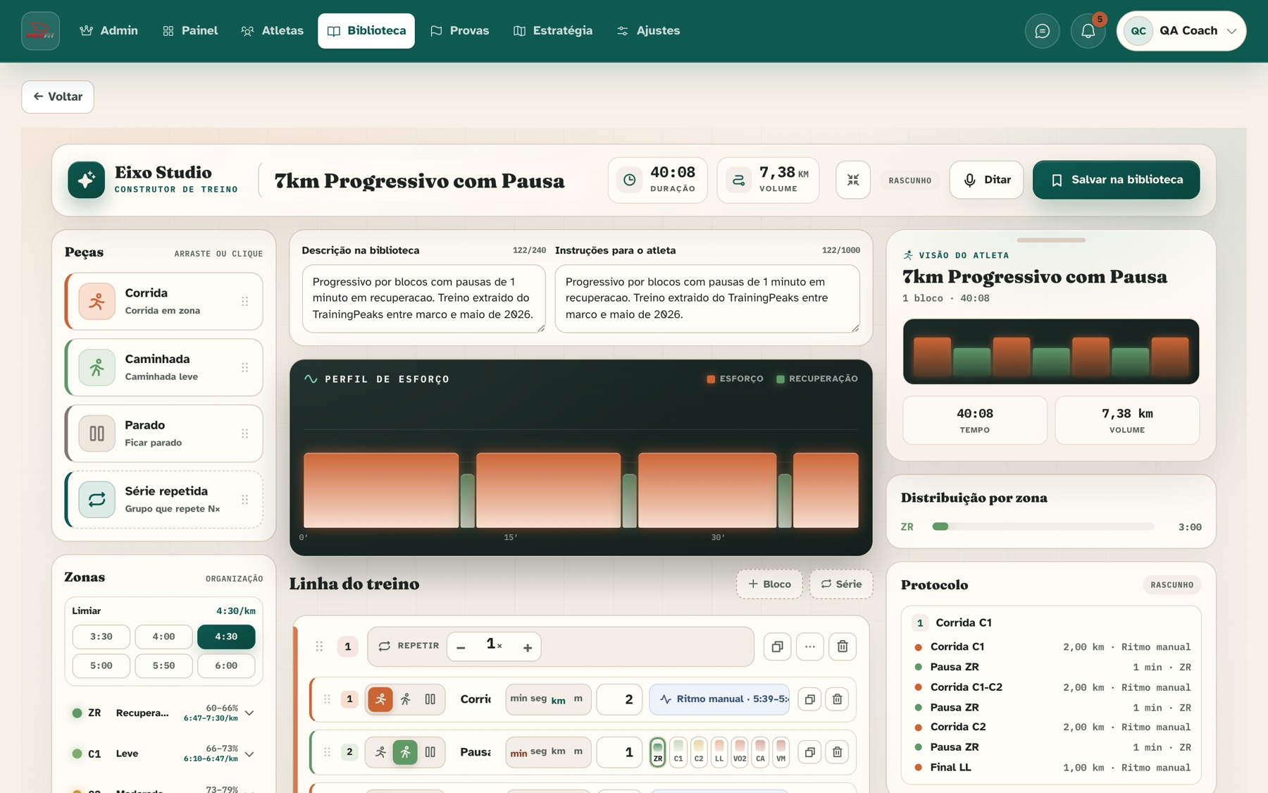 Construtor de treino estruturado com perfil de esforço