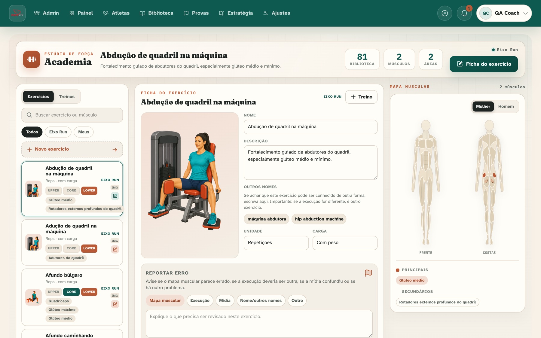 Estúdio de força com biblioteca ilustrada de exercícios e mapa muscular