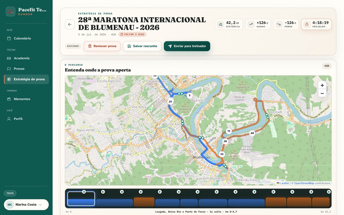 Estratégia de prova com mapa e trechos do percurso