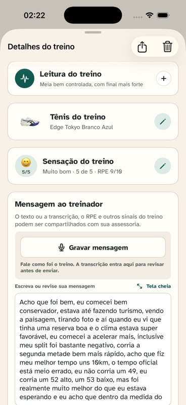 Leitura do treino com mensagem gravada